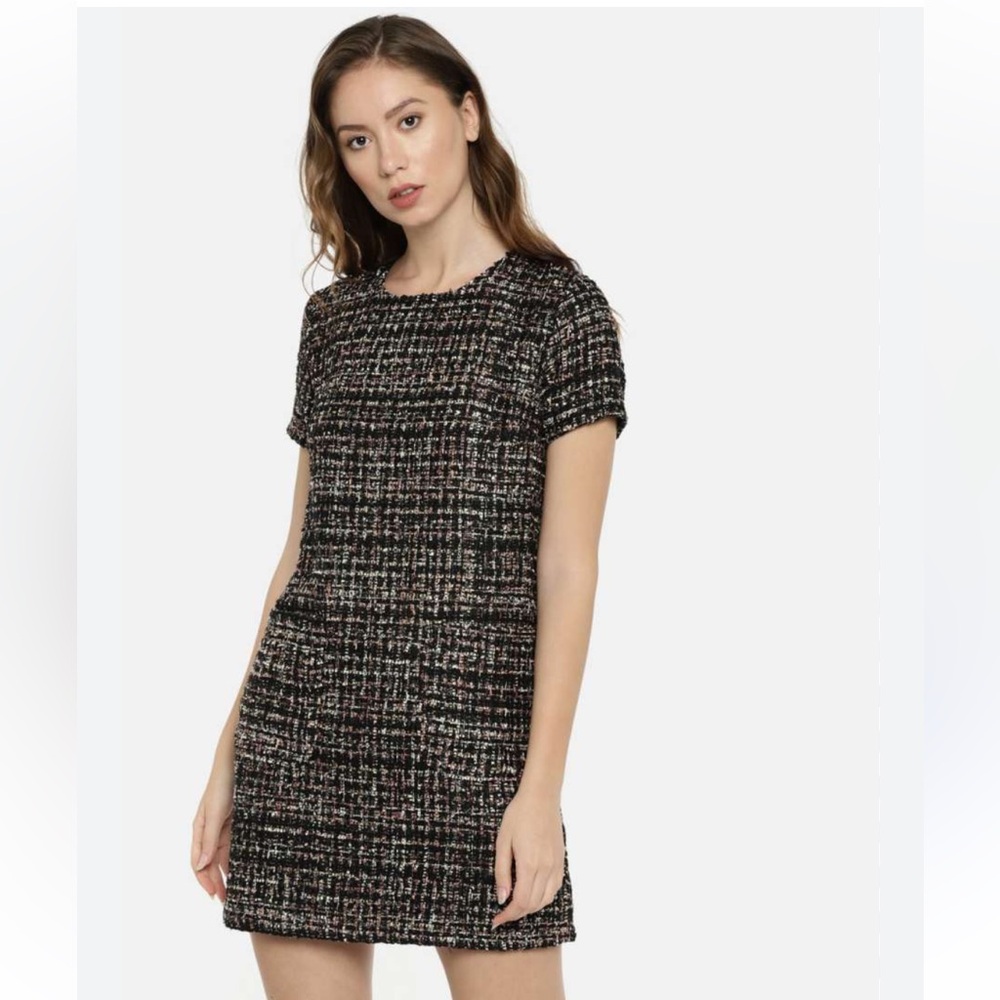 NEW forever21 Black Pink Metallic Tweed Shift Dress S